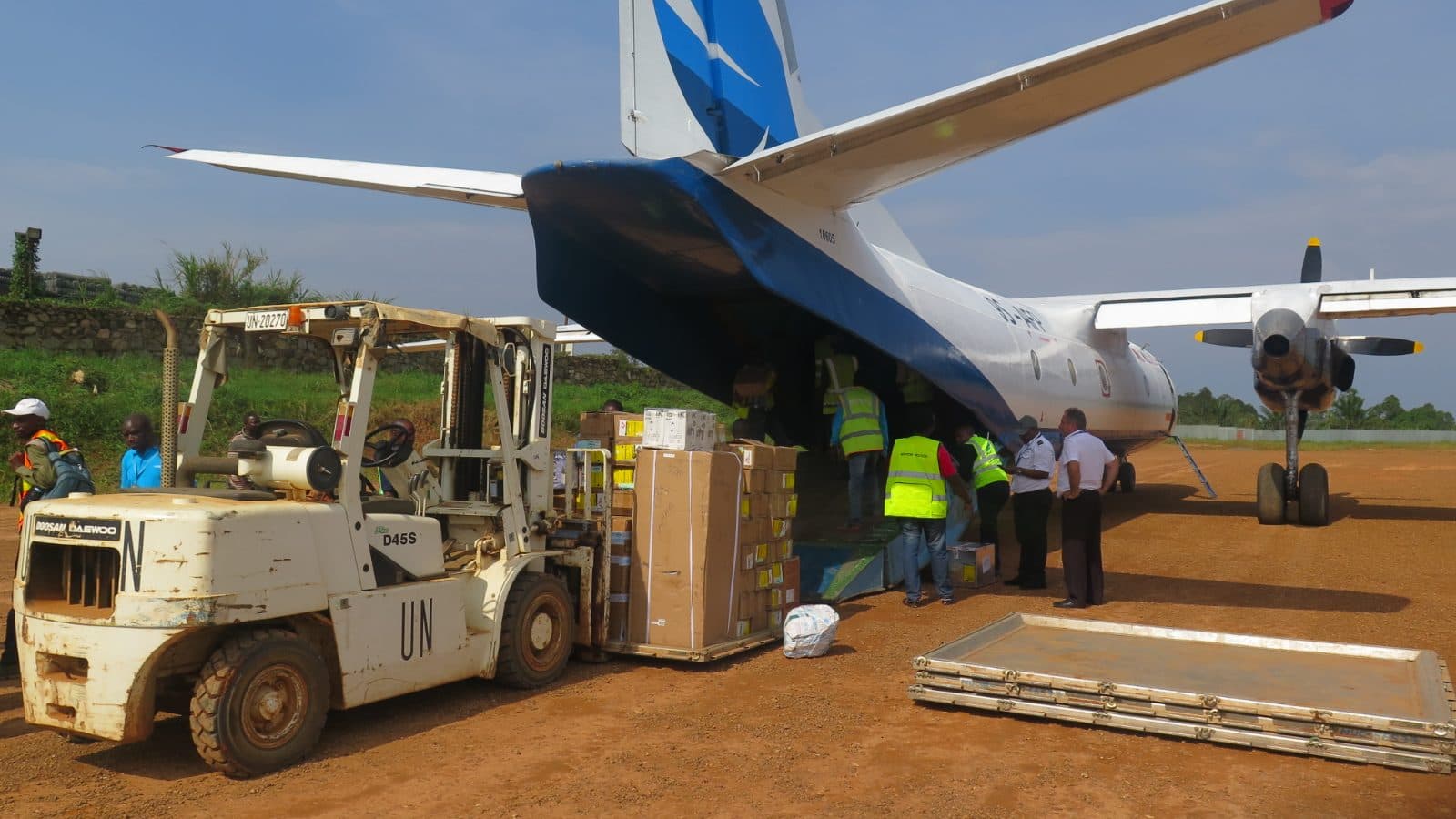 Medical supplies for the Ebola response being unloaded from an aircraft at Beni airport in eastern DR Congo