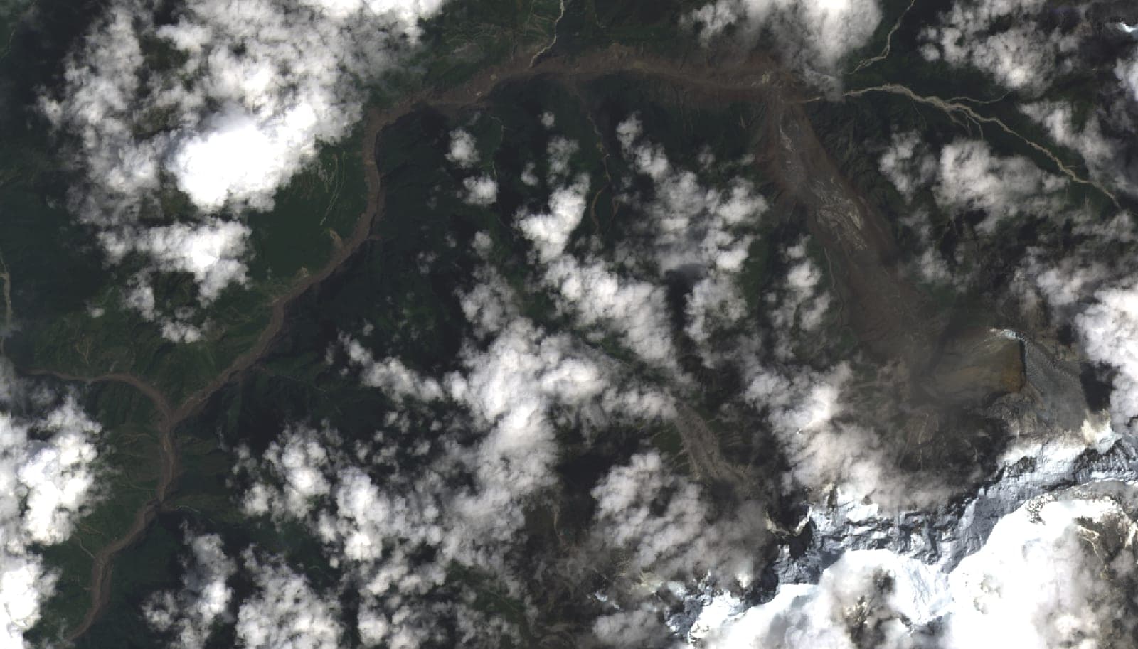 Satellite view of the flood path along the Bhote Koshi and Trishuli river valleys in northern Nepal after the 26 August 2026 glacier collapse