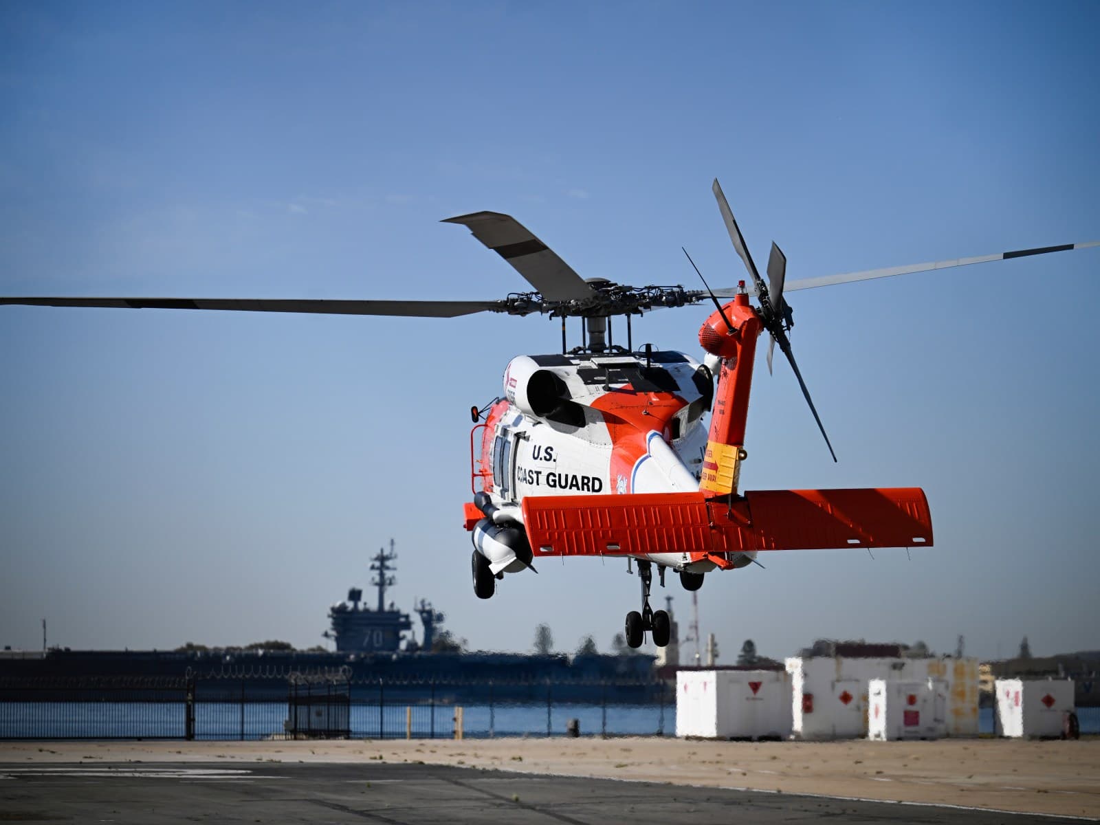 A US Coast Guard helicopter lifts off from Coast Guard Station San Diego on 16 October, during the search for the boat lost off Baja California.