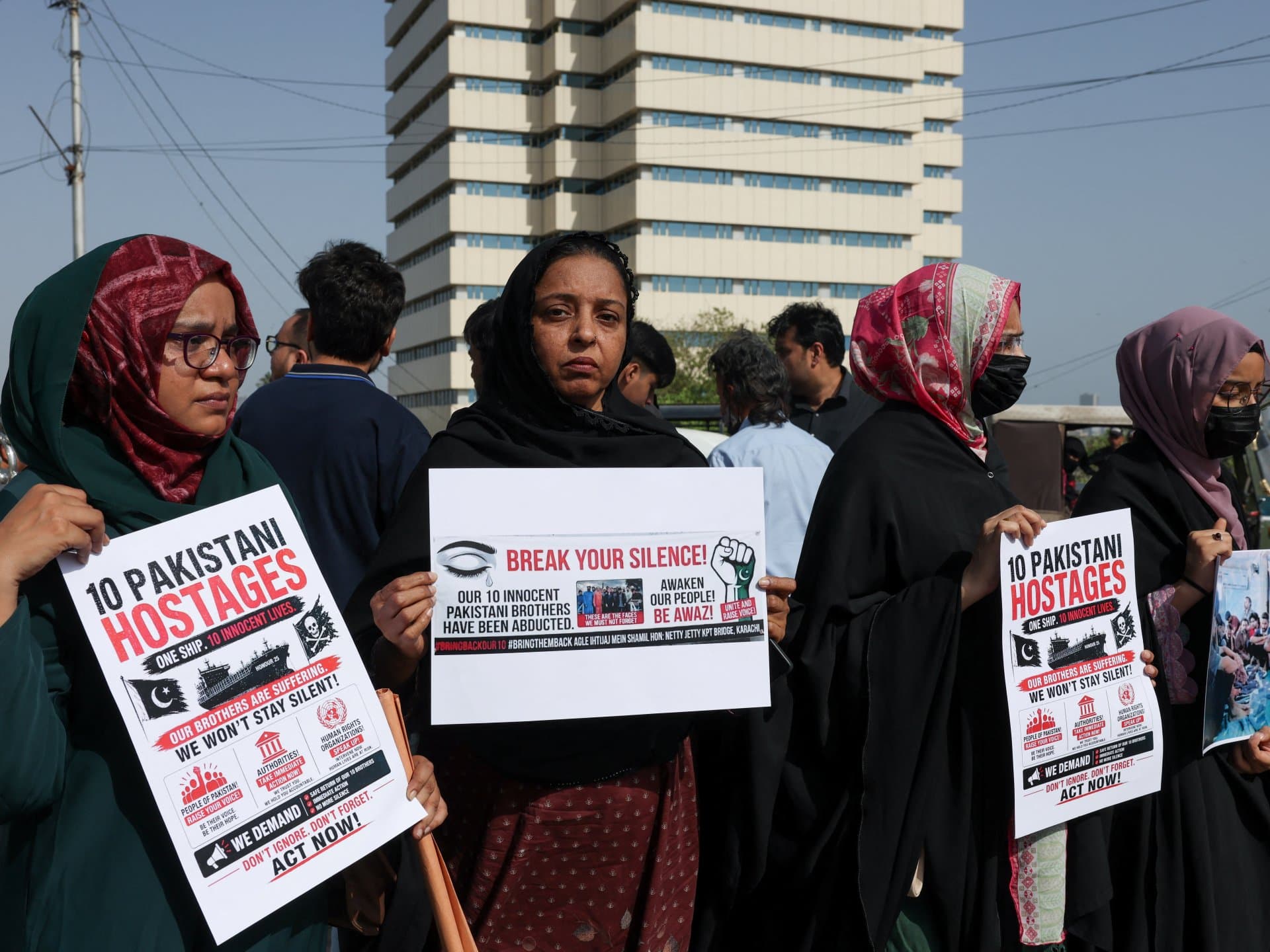 File photograph: Families of the Pakistani crew members of the oil tanker Honour 25 during a protest calling for the safe return of their loved ones, in Karachi, Pakistan (file photo, May 2026).