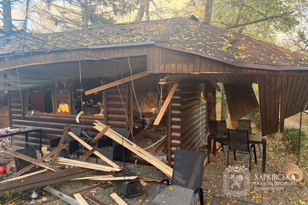 The damaged café in the park at Nova Vodolaha, Kharkiv region, after the Russian drone strike on 19 October.