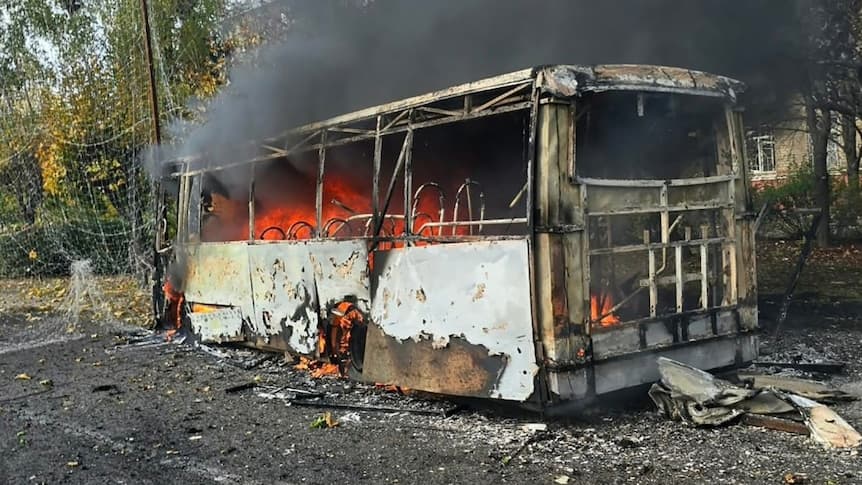 One of the two passenger buses struck by projectiles in Kramatorsk, near the frontline in eastern Ukraine.