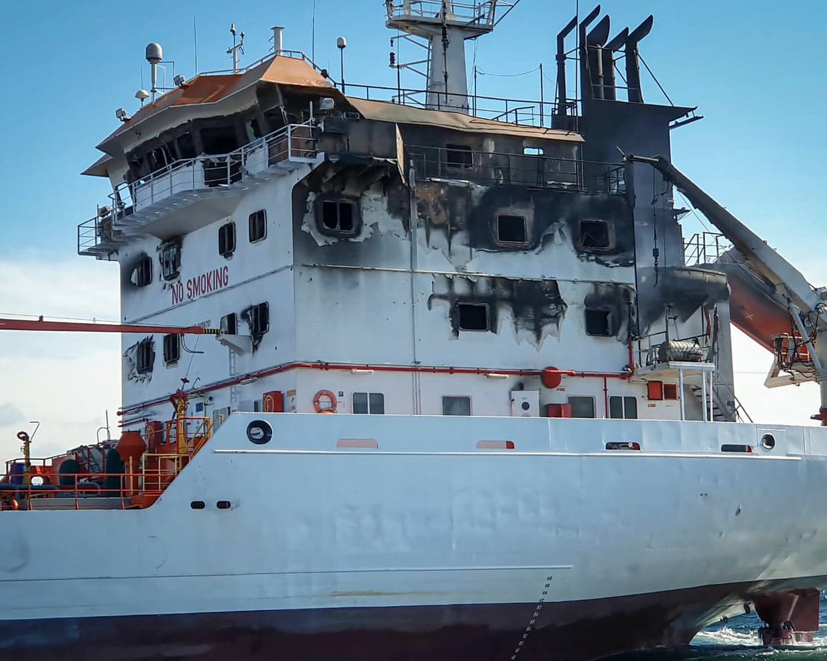 The Wine Trader after it was struck by drones in Romanian waters.